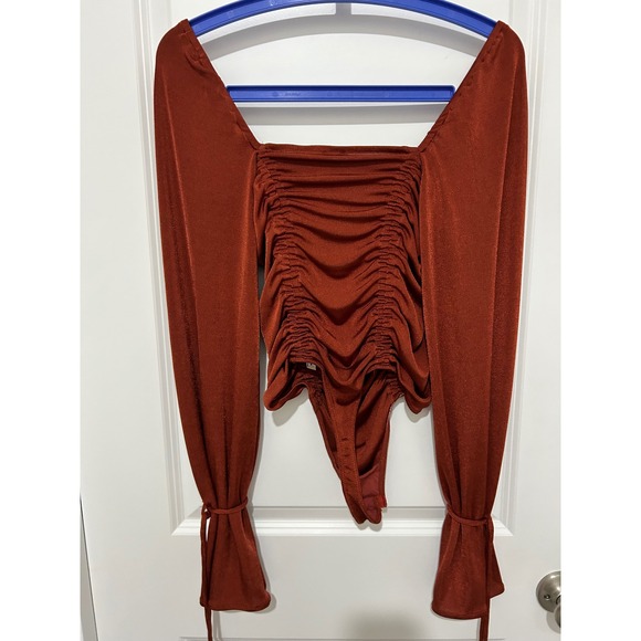 Free People Ruched Long Sleeve Bodysuit Square Neck Rust Orange Size S - Picture 7 of 8